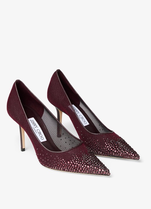 Jimmy Choo Love 85 pump van mesh met strass - voorkant 2 donkerrood