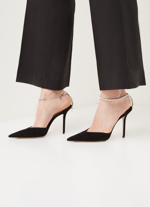 Jimmy Choo Saeda 100 pump van suède met kristal - voorkant 5 zwart