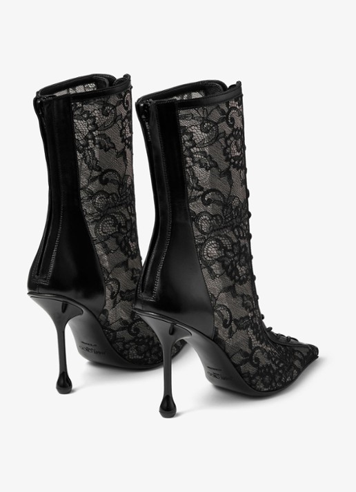 Jimmy Choo Scarlett 95 enkellaarsje van kant met lamsleren details - achterkant 3 zwart