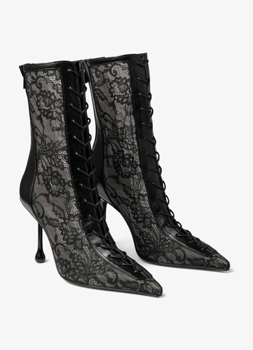Jimmy Choo Scarlett 95 enkellaarsje van kant met lamsleren details - voorkant 2 zwart