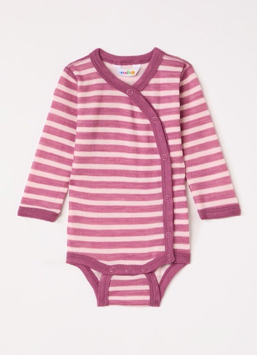 Joha Romper in wolblend met streepprint - voorkant fuchsia