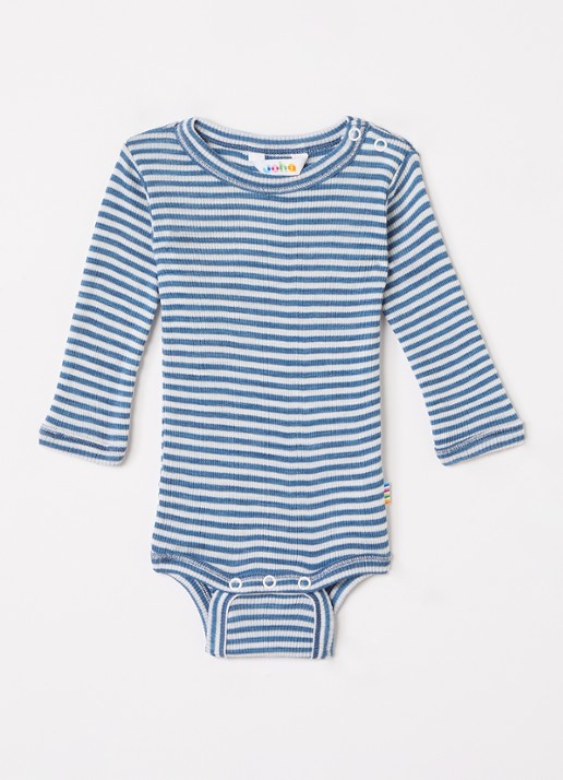 Joha Romper in zijdeblend met streepprint - voorkant staalblauw