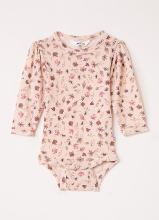 Joha Romper van merino wol met bloemenprint - voorkant roze