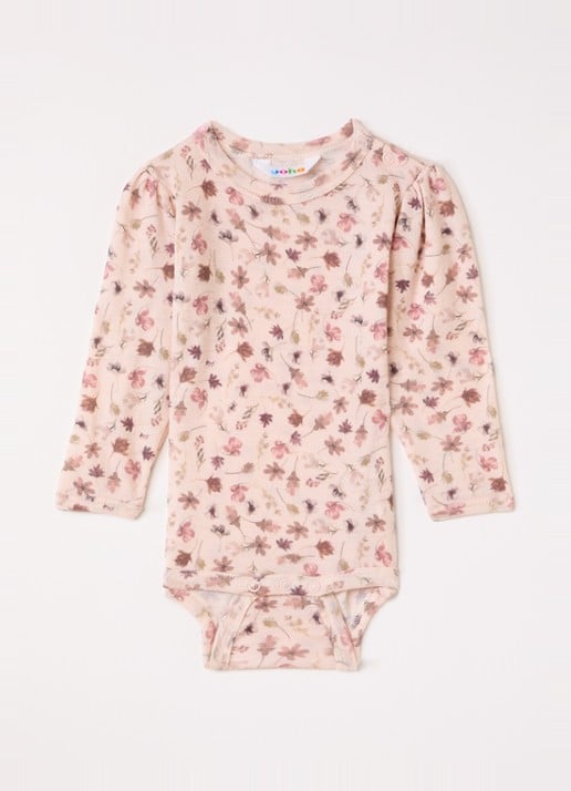 Joha Romper van merino wol met bloemenprint - voorkant 3 zalmroze