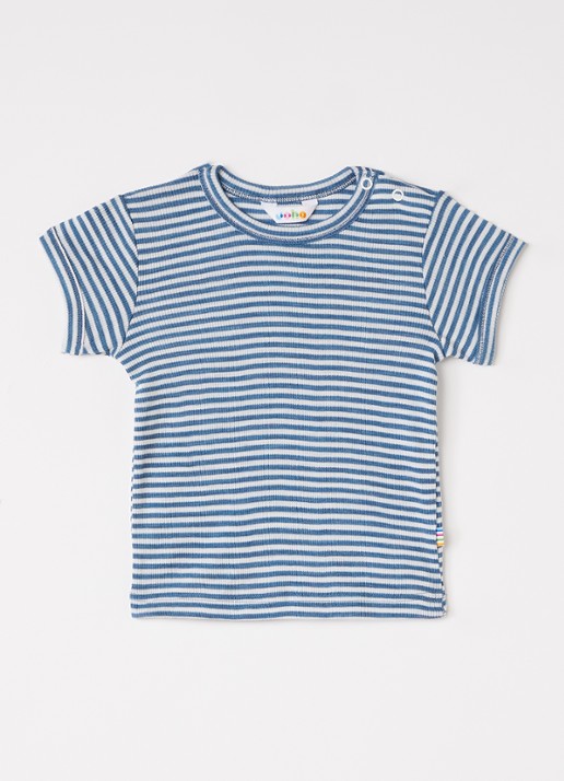 Joha T-shirt in zijdeblend met streepprint - voorkant staalblauw