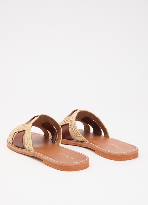 Jonak Wilou slipper van leer met raffia details - achterkant camel