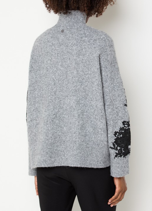 Joseph Ribkoff Fijngebreide trui in wolblend met details van kant - achterkant 2 grijsmele