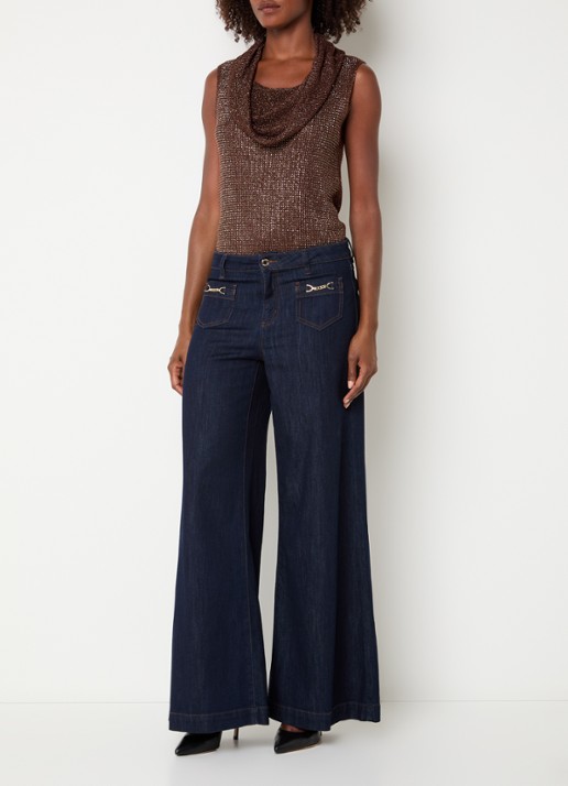 Joseph Ribkoff Grofgebreide top met strass en watervalhals - voorkant 4 bruin