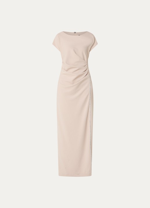 Joseph Ribkoff Maxi jurk met plooidetail en strass - voorkant donkerbeige