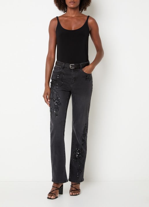 Joseph Ribkoff Mid waist straight leg jeans met kralendecoratie - voorkant 4 antraciet