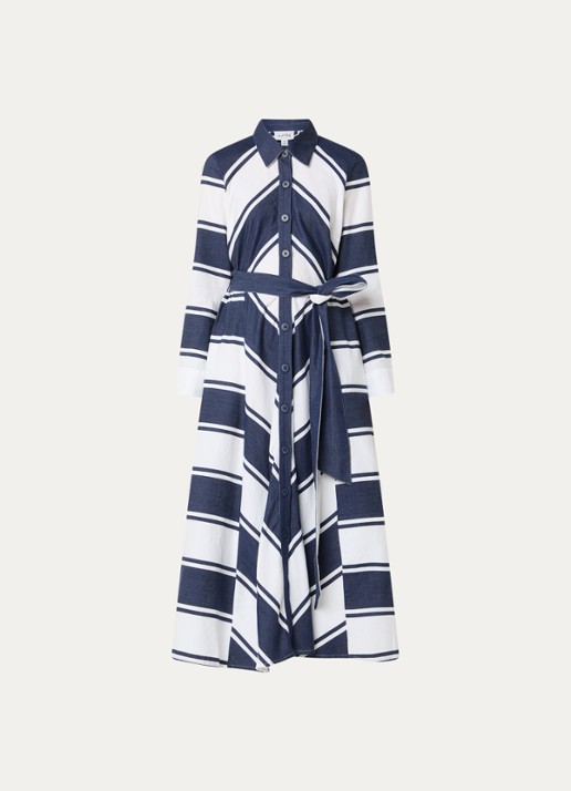 Joseph Ribkoff Midi blousejurk met strikceintuur en print - voorkant 3 donkerblauw