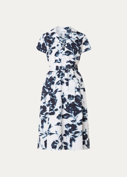 Joseph Ribkoff Midi tuniekjurk met strikceintuur en print - voorkant 2 donkerblauw