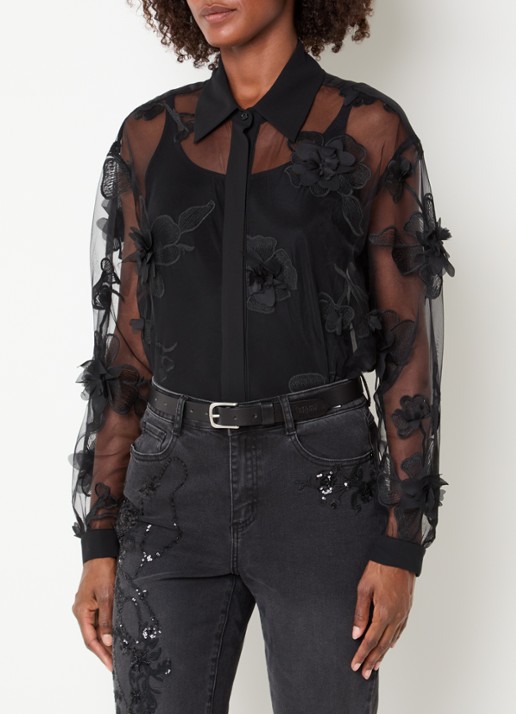 Joseph Ribkoff Semi-transparante blouse met broderie en borduring - detail zwart