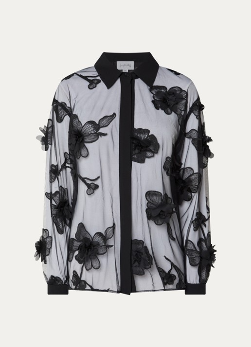 Joseph Ribkoff Semi-transparante blouse met broderie en borduring - voorkant 2 zwart