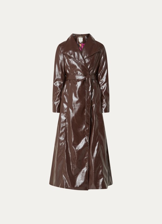 Joseph Ribkoff Trenchcoat van imitatieleer met strikceintuur - voorkant 2 bruin