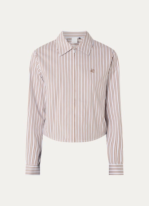 Josephine & Co Bodine blouse met streepprint en logoborduring - voorkant 3 camel