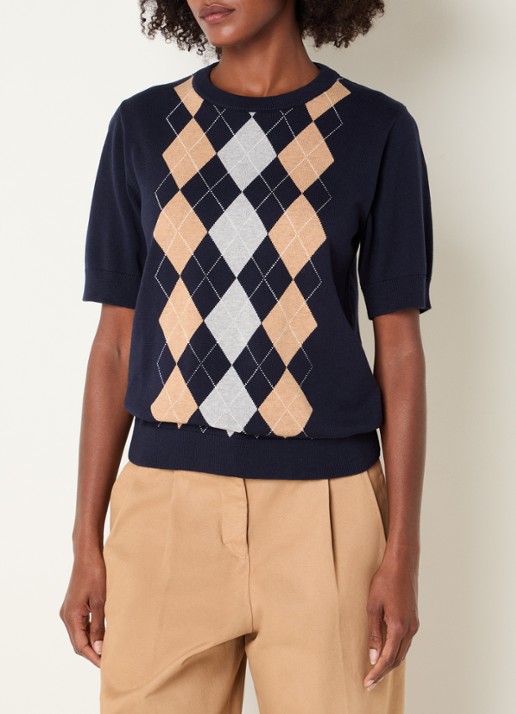 Josephine & Co Chandler fijngebreide T-shirt in wolblend met ruit dessin - detail donkerblauw