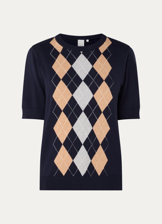 Josephine & Co Chandler fijngebreide T-shirt in wolblend met ruit dessin - voorkant 3 donkerblauw
