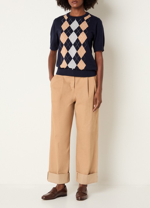 Josephine & Co Chandler fijngebreide T-shirt in wolblend met ruit dessin - voorkant 4 donkerblauw