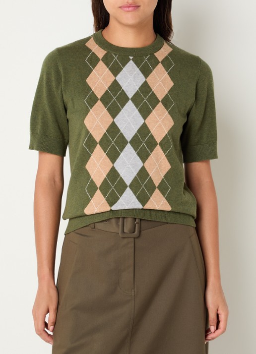 Josephine & Co Chandler fijngebreide T-shirt in wolblend met ruit dessin - detail legergroen