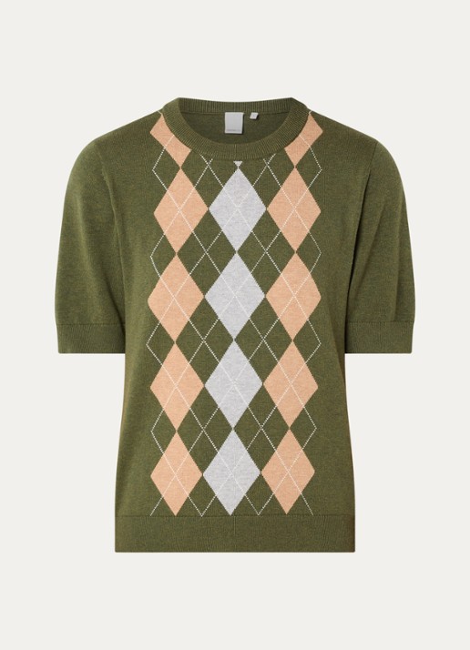 Josephine & Co Chandler fijngebreide T-shirt in wolblend met ruit dessin - voorkant 2 legergroen