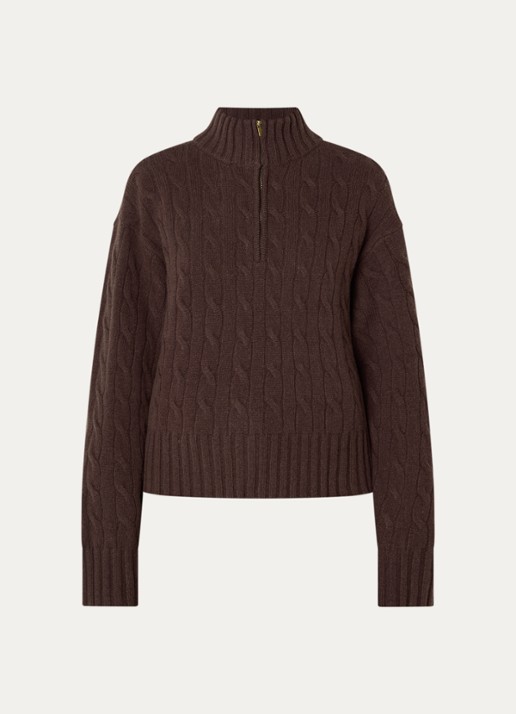 Josephine & Co Claude kabelgebreide trui met halve rits en col - voorkant 2 donkerbruin