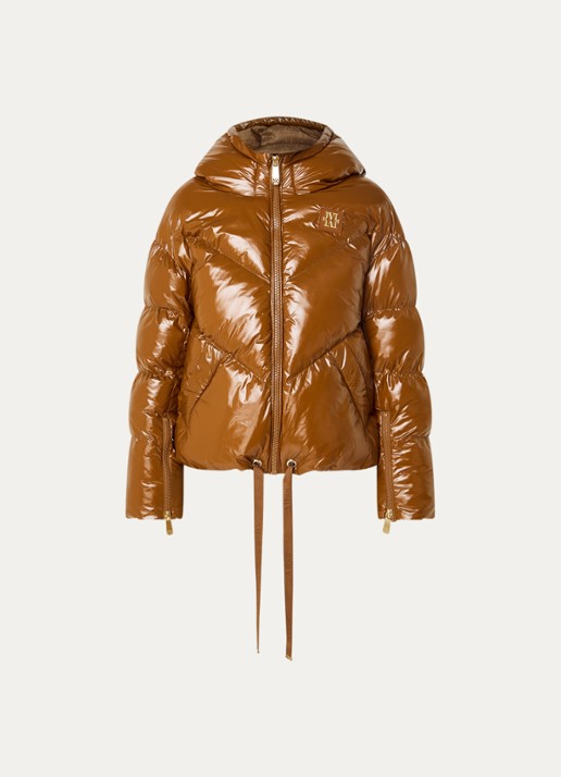 JOSH V Brenna puffer jack met strikceintuur en glanzende finish - voorkant cognac