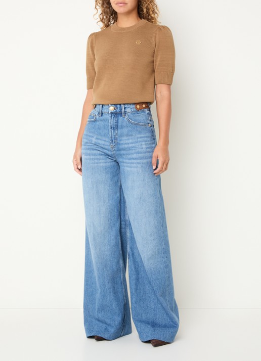 JOSH V Brent ribgebreide top met logo en pofmouw - voorkant 2 camel