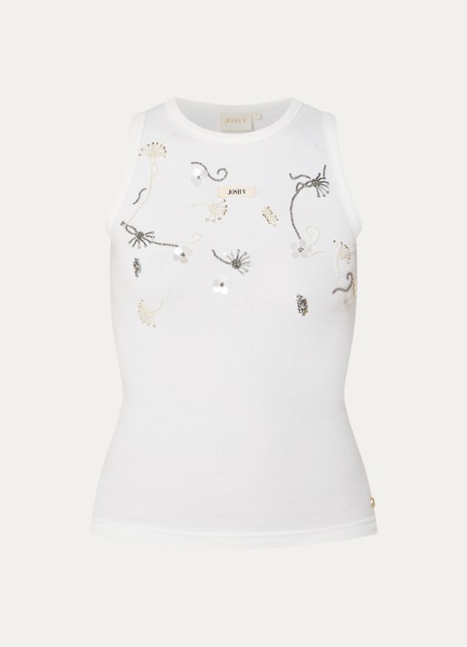 JOSH V Calix tanktop met pailletten en kralendecoratie - voorkant 2 gebroken wit