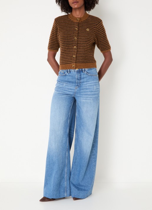 JOSH V Cassie fijngebreid vest in alpaca wolblend met streepprint - voorkant 3 bruin