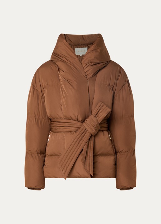 JOSH V Charlotte puffer jack met capuchon en ceintuur - voorkant 3 cognac