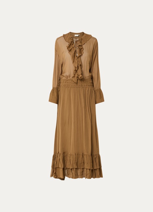 JOSH V Gisele maxi jurk met volant - voorkant 3 cognac