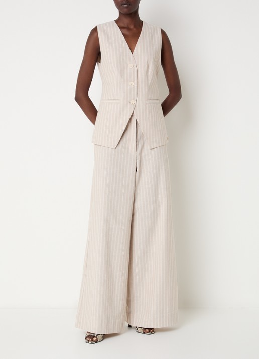 JOSH V Inez gilet in linnenblend met streepprint - voorkant 2 beige