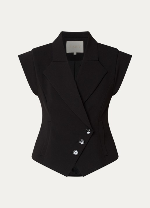 JOSH V Katleen gilet met schoudervulling en asymmetrisch detail - voorkant 3 zwart