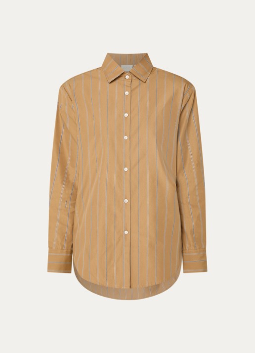 JOSH V Kolly blouse met streepprint en schoudervulling - voorkant 3 camel