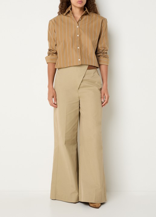 JOSH V Kolly blouse met streepprint en schoudervulling - voorkant 4 camel