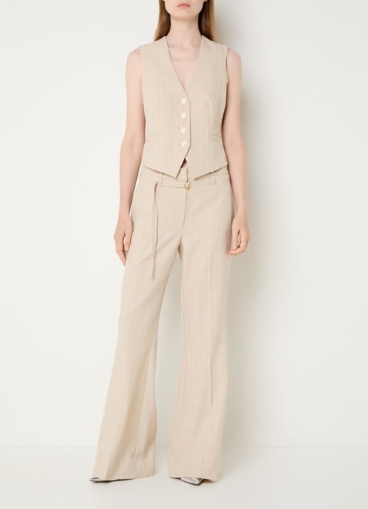 JOSH V Kora high waist flared fit pantalon met krijtstreep en ceintuur - voorkant 3 beige