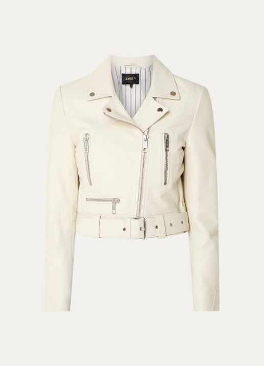 JOSH V Lua cropped bikerjack met ceintuur en ritszakken - voorkant 2 ivoor