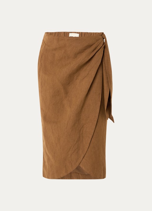 JOSH V Nijra midi rok in linnenblend met strikceintuur - voorkant 3 camel