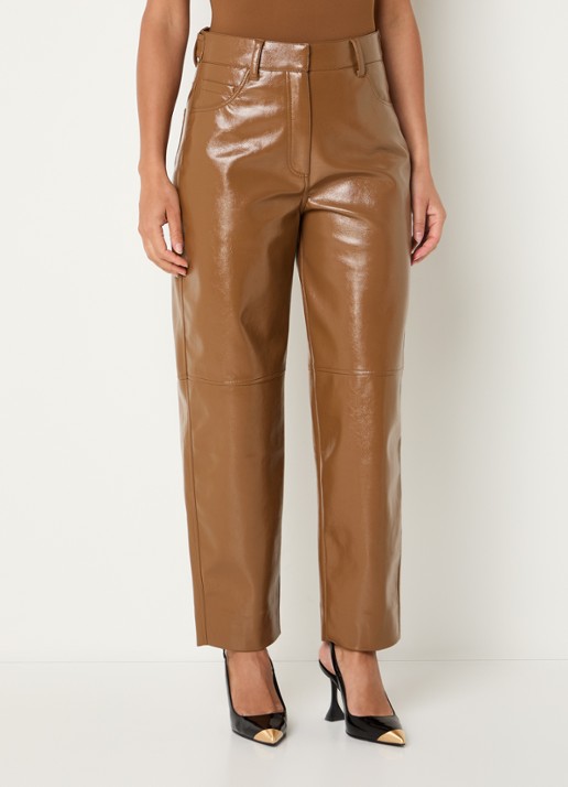 JOSH V Rae high waist tapered fit broek van imitatieleer met glanzende finish - detail 4 cognac