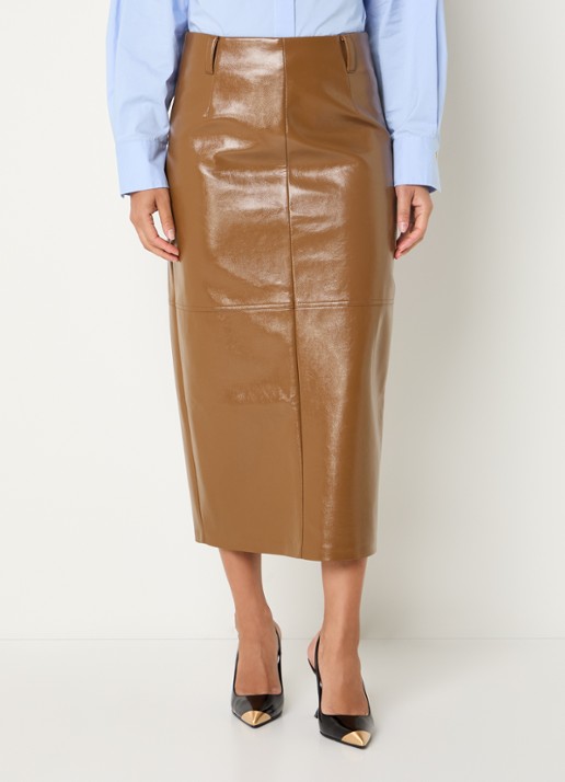 JOSH V Sally midi kokerrok van imitatieleer met glanzende finish - detail 4 cognac