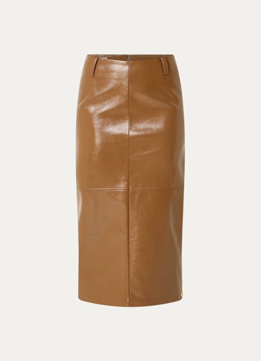 JOSH V Sally midi kokerrok van imitatieleer met glanzende finish - voorkant 2 cognac