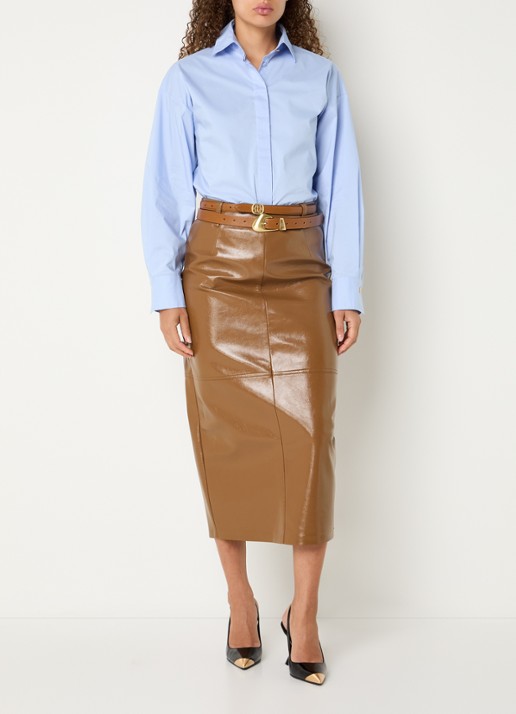 JOSH V Sally midi kokerrok van imitatieleer met glanzende finish - voorkant 3 cognac