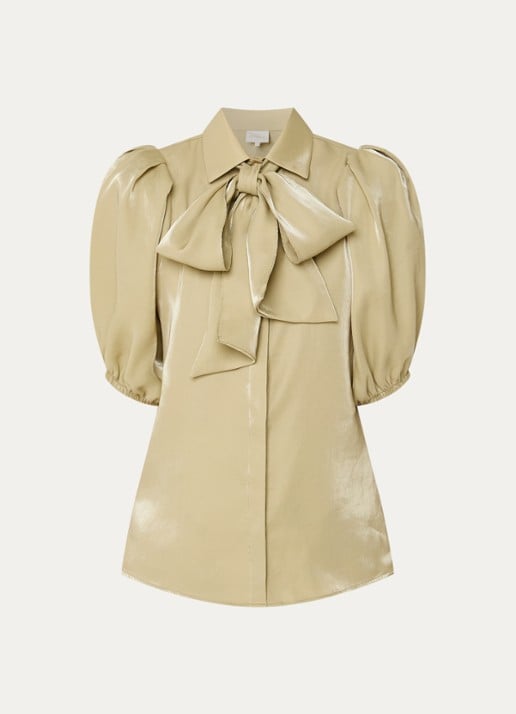 JOSH V Sylviana blouse met pofmouw en glanzende finish - voorkant 2 lindegroen