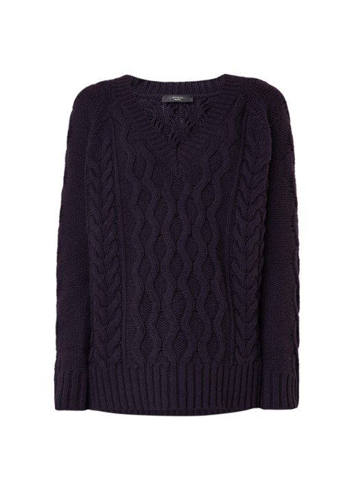 Kabelgebreide pullover van wol met V-hals - voorkant 2 donkerblauw