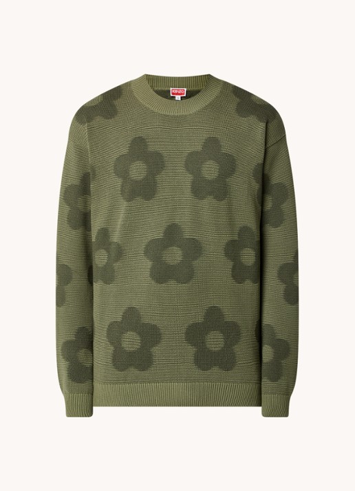 KENZO Grofgebreide trui met bloemenprint - voorkant groen