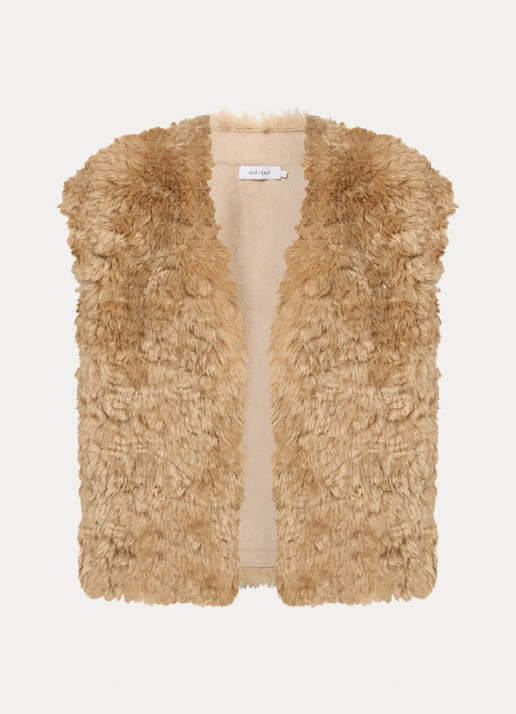 Knit-ted Opal gilet van imitatiebont - voorkant 2 camel