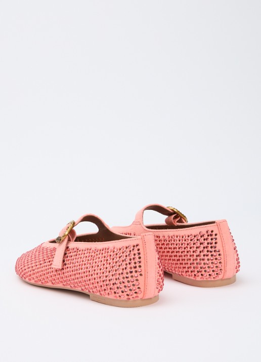 Kurt Geiger Mayfair ballerina van suède met strass - achterkant koraalroze