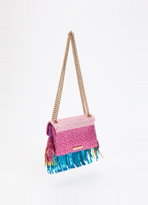Kurt Geiger Mini Kensington Fringe schoudertas met strass en franjes - achterkant 2 roze