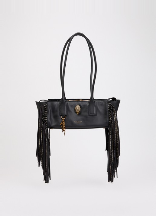 Kurt Geiger Sloane Eastwest schoudertas van leer met franjes - voorkant 2 zwart